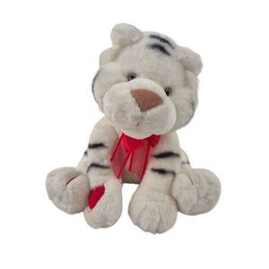 TL Toys Tiger Plush White Black Striped Toy 10in Stuffed Animal Red Bow Heart
